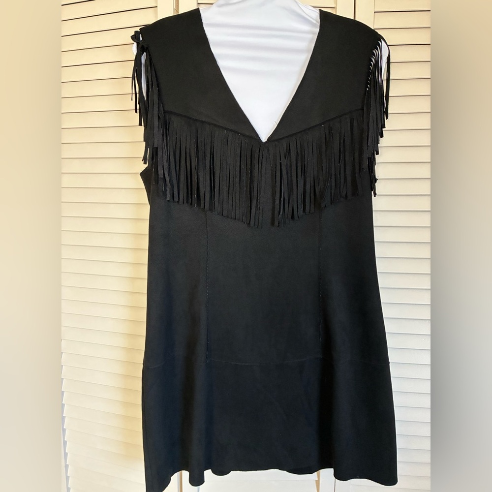 Relish Noless-Woman’s Black Fringe Coastal Western Sleeveless Midi Dress/Vest Lg